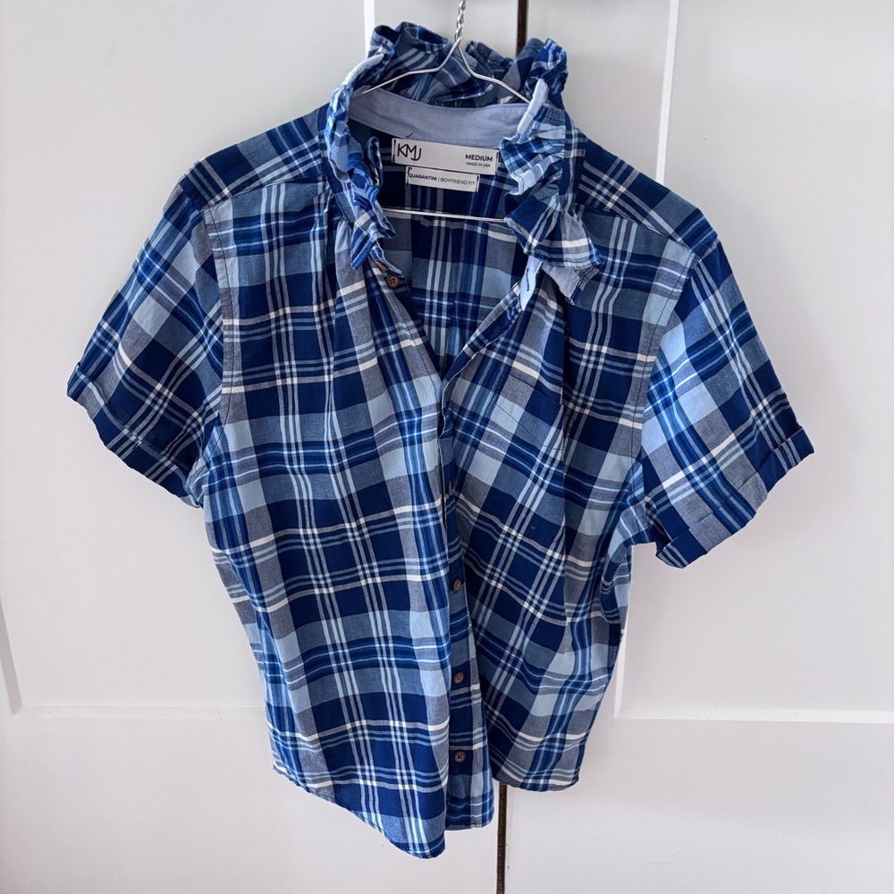 KMJ Quarantini Blue Plaid Boyfriend Fit Top
